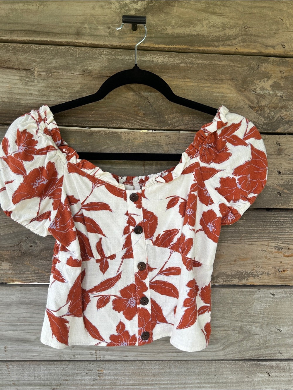 Monteau White Top with Rust Floral Puff Sleeves